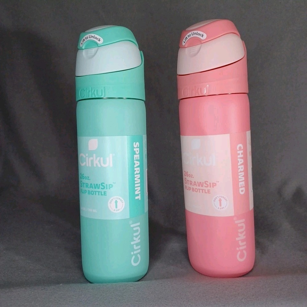 Cirkul StrawSip Flip Water‎ Bottle 26oz Dbl Wall Spearmint & Charmed Lot Of 2